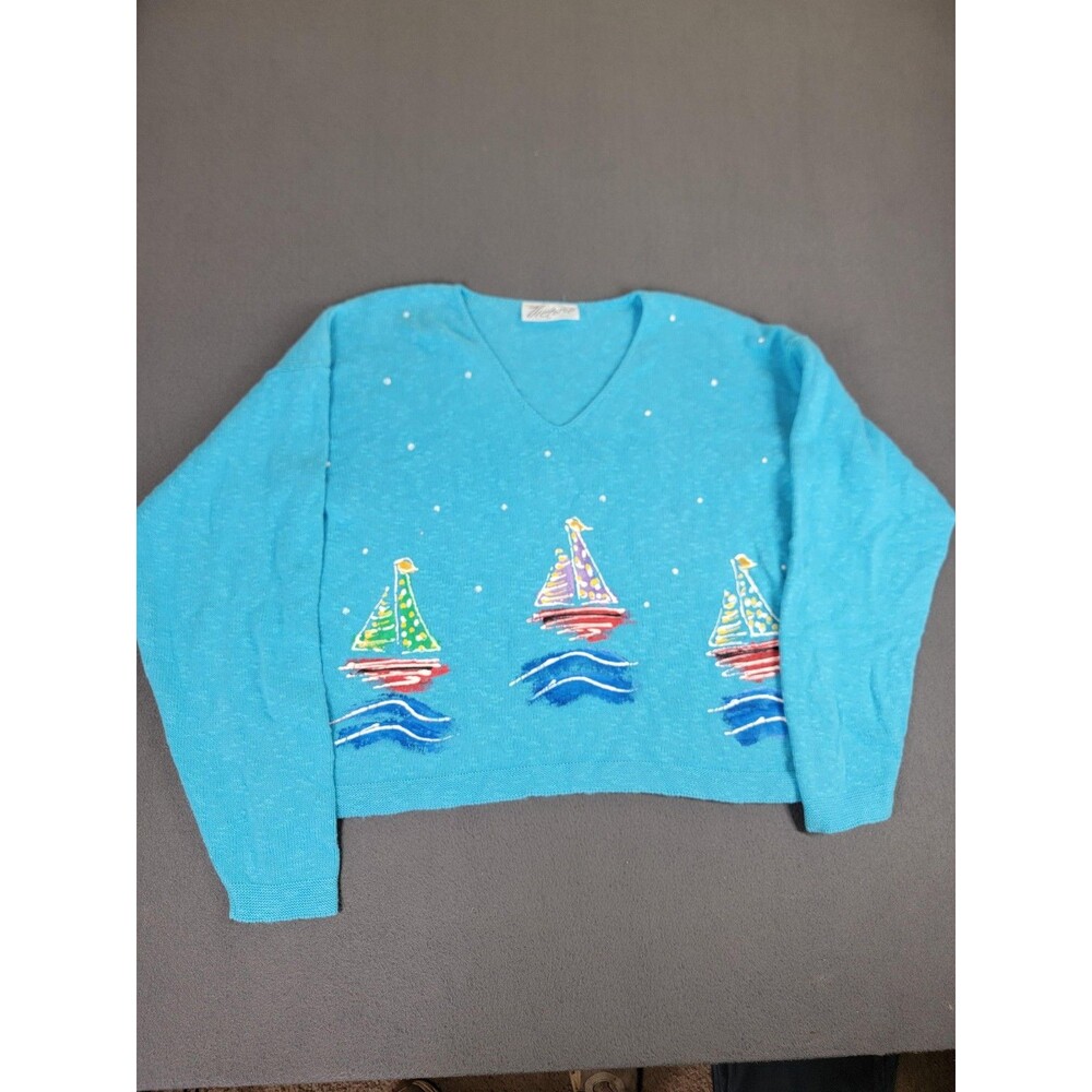 Vintage Victoria Sweater Womens Medium Sailboat‎ Nautical Pullover USA Made 80s
